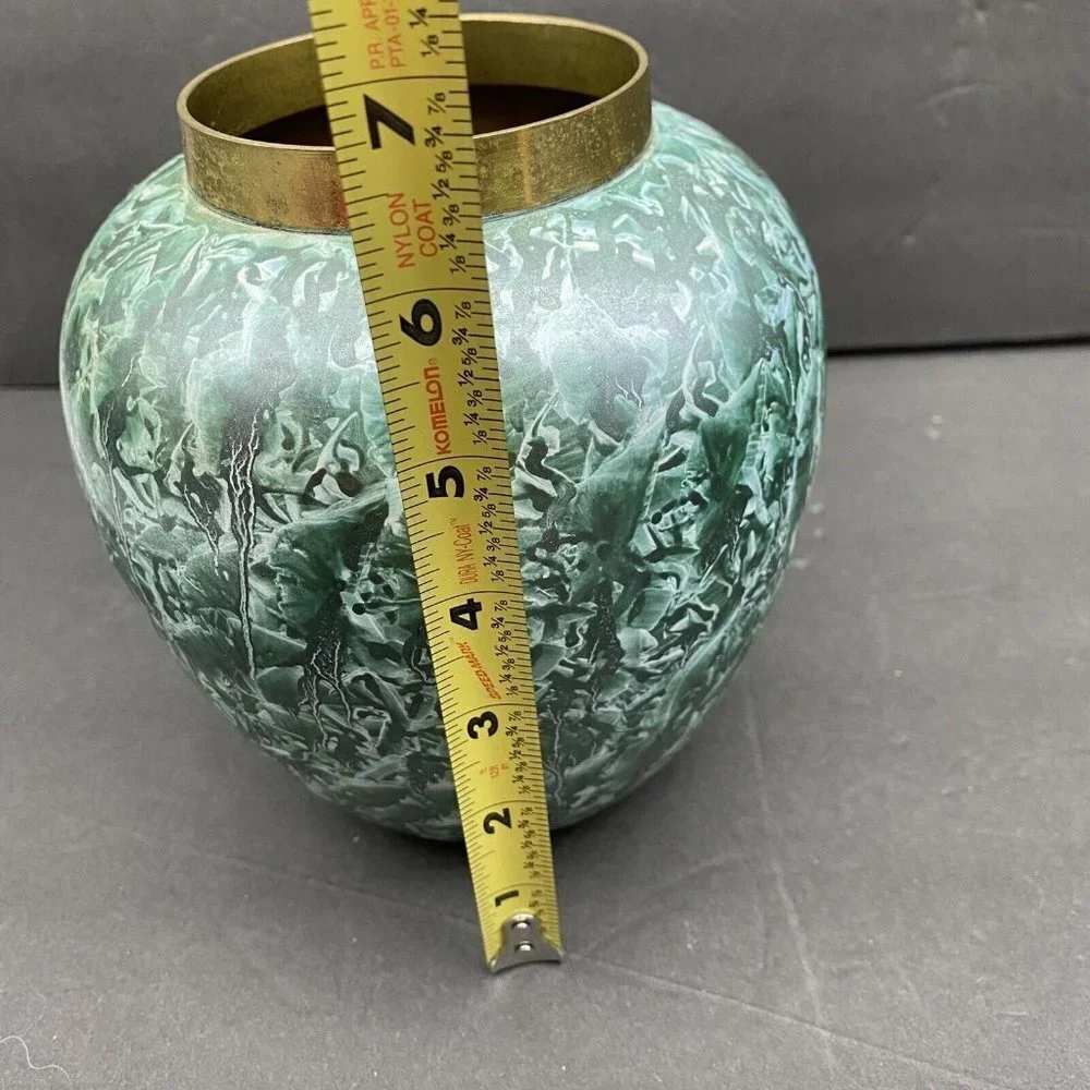 Vintage Brass Vase Green Marbled Abstract Finish Smooth‎ India Boho Artsy 90s